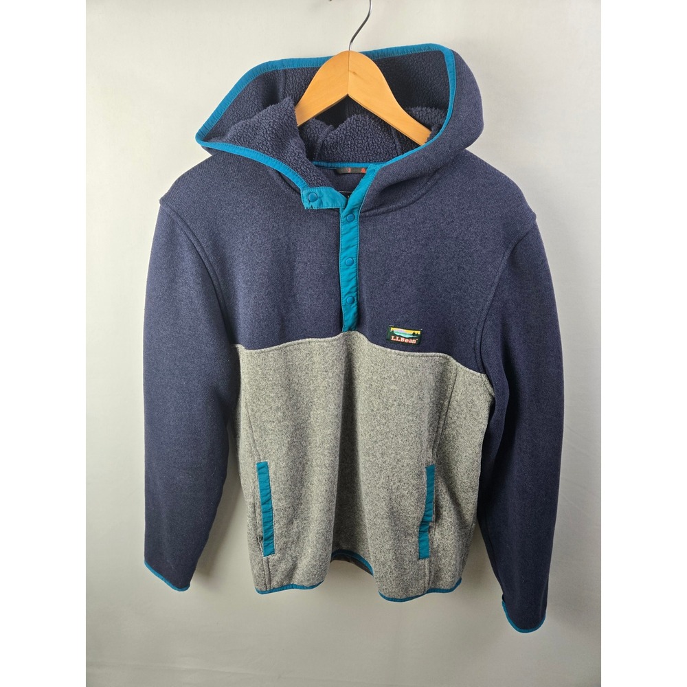 L.L. Bean Men's Blue and Gray Hooded Fleece Pullover